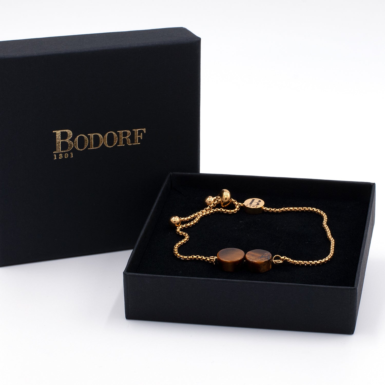 Bodorf armband Fine Tiger, verstelbare fijne goud RVS kettingarmband met 2 platte schijven  tijgeroog 