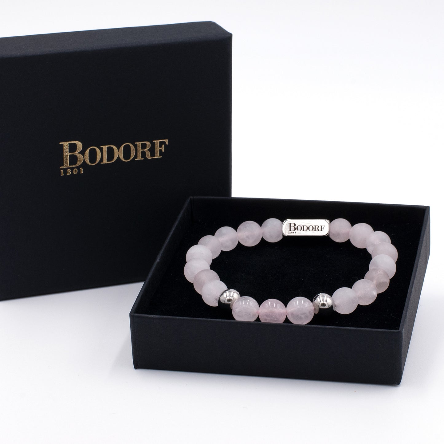 Bodorf armband Pure Infinity Pink van matte rozenkwarts met een accent van glanzende rozenkwarts en zilver RVS