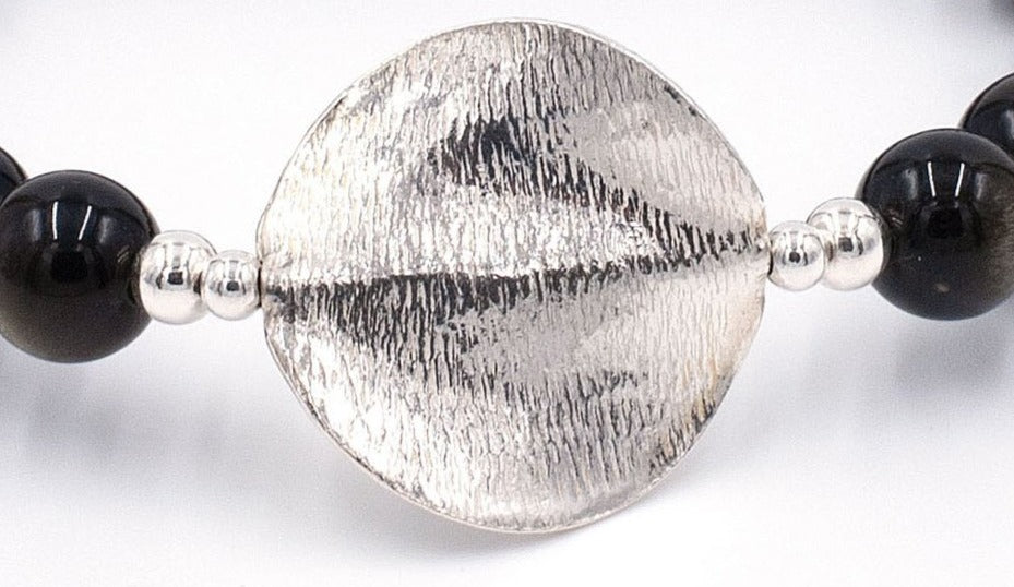 Bodorf armband Silver Disc van glanzende goud Obsidiaan met een grote, echt zilveren schijf