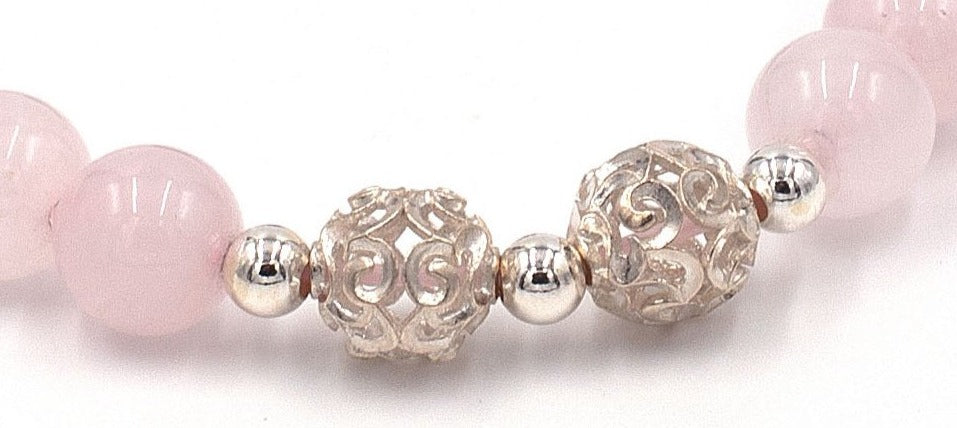 Bodorf armband Silver Laser van glanzende rozenkwarts met een opengewerkte echte zilveren kralen 